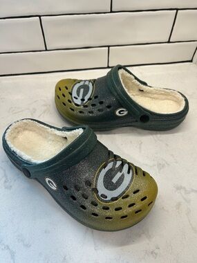 Green Bay Packers FOCO Big Logo Sherpa-Lined Clog Glitter Slippers Slip On Mules